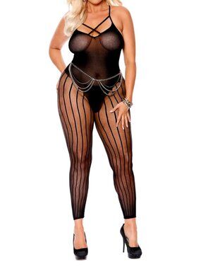 Black Open Crotch Vertical Stripe Bodystocking Plus Size NWT